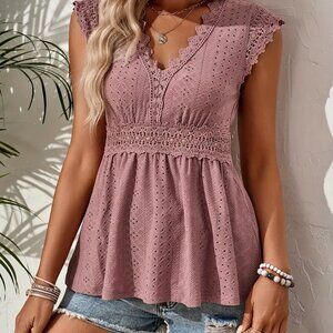 Elegant lace-trimmed v-neck eyelet blouse, mauve